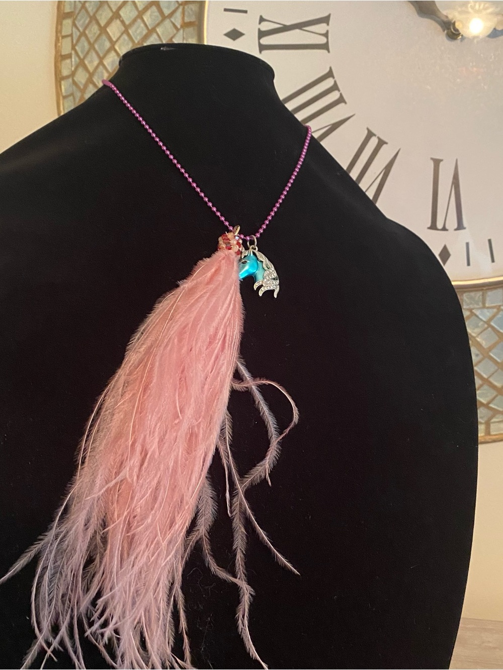 Pink Feather Tassel Necklace with Unicorn Charm
